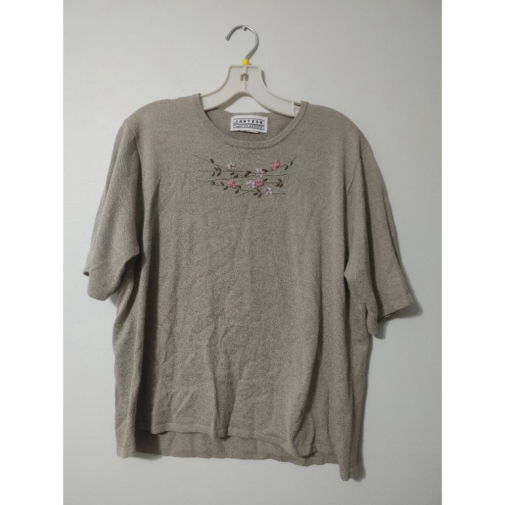 Women's Vintage Jantzen Beige Short Sleeve Tee with Floral Embroidery M-L